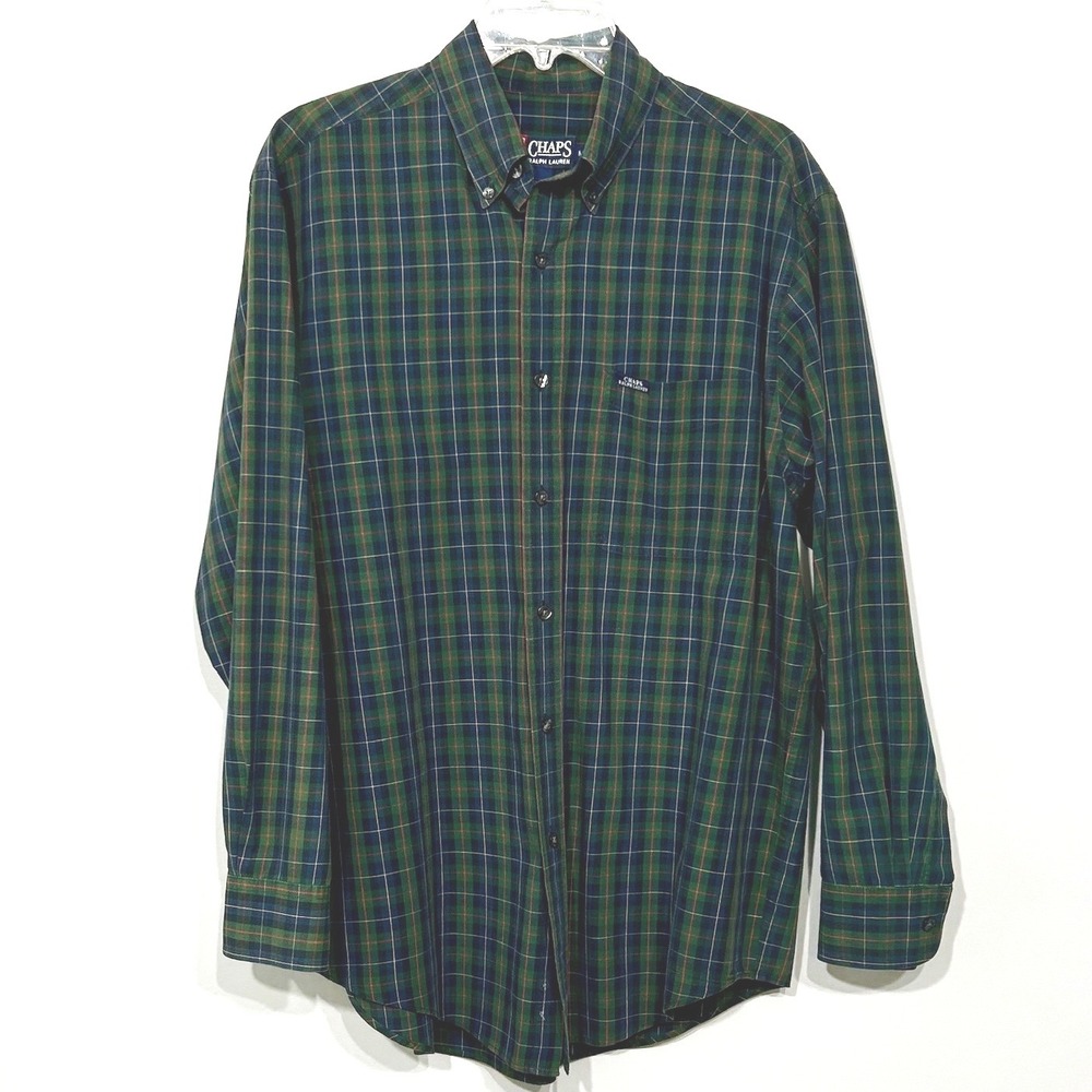 Chaps‎ Ralph Lauren Button Down Shirt Mens M Green Plaid Excellent Vintage 90s